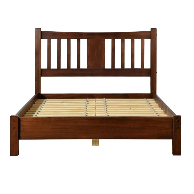 A sturdy bed frame made of wood, complete with a classic headboard and footboard, enhancing bedroom aesthetics.