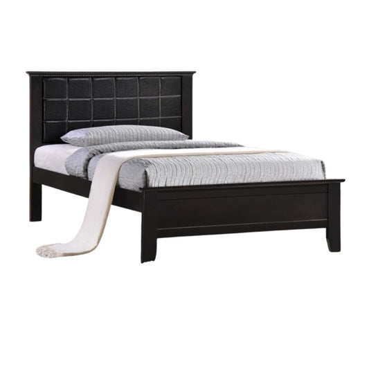 Modern black leather bed frame equipped with wooden slats, offering both aesthetic appeal and structural integrity.