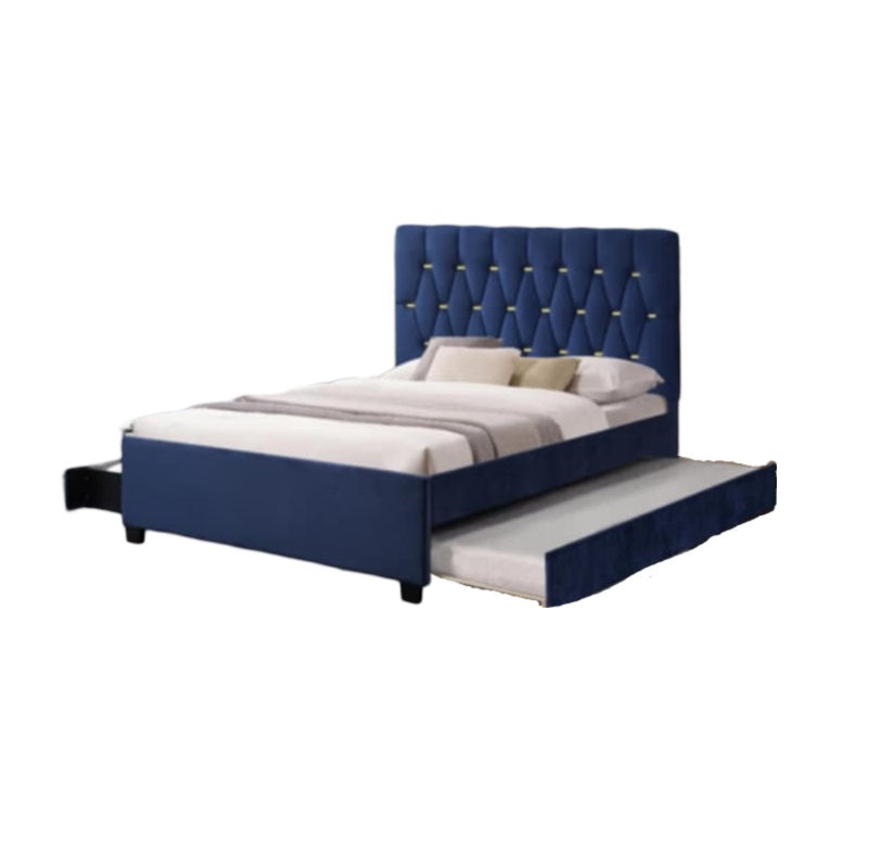 A comfortable bed adorned with a blue headboard and footboard, perfect for a restful night's sleep in a chic setting.