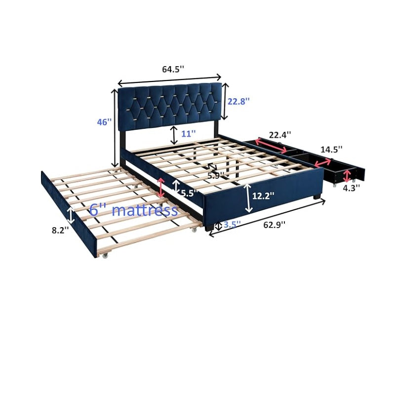 A comfortable bed adorned with a blue headboard and footboard, perfect for a restful night's sleep in a chic setting.