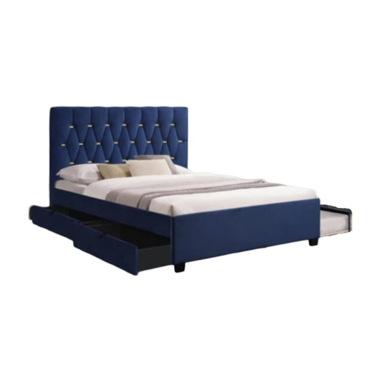 A comfortable bed adorned with a blue headboard and footboard, perfect for a restful night's sleep in a chic setting.