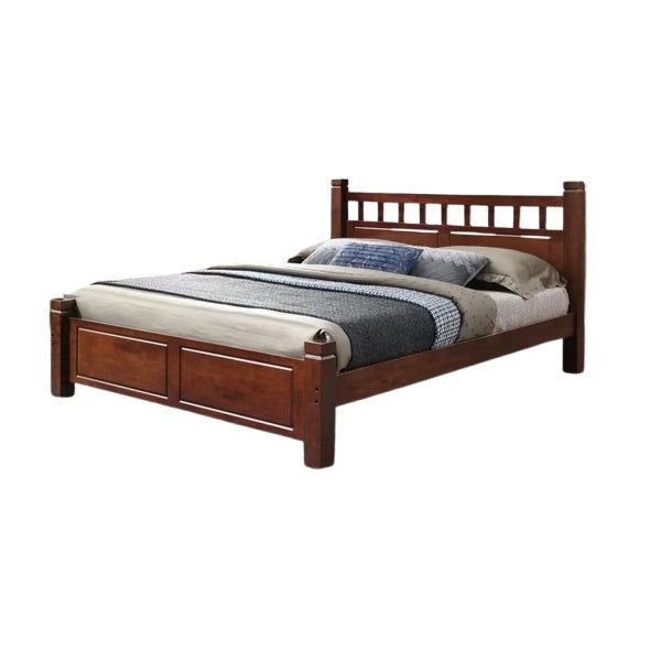A sturdy bed frame made of wood, complete with a classic headboard and footboard, enhancing bedroom aesthetics.