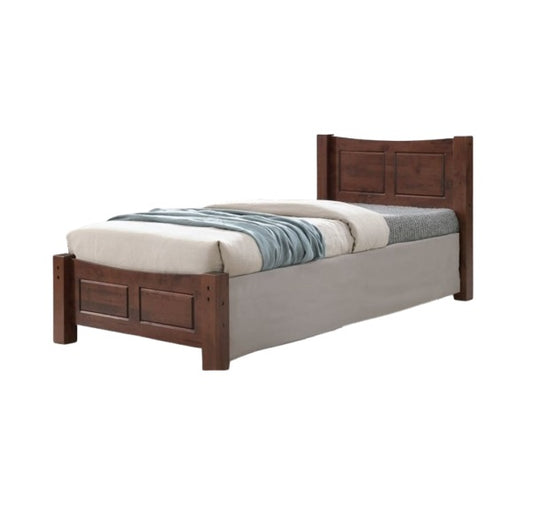 A sturdy bed frame made of wood, complete with a classic headboard and footboard, enhancing bedroom aesthetics.