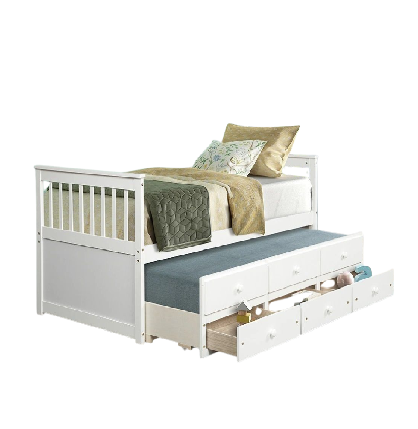 Captain Wooden Bed Frame with Pull-Out Trundle & Storage for Single Size Bed