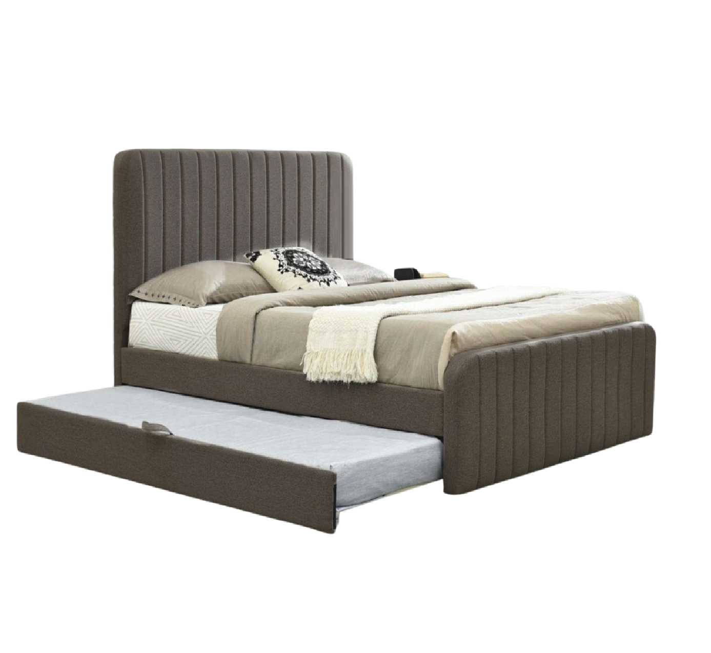 Cesar Upholstered Bed Frame with Pull-Out Trundle for Double to Queen Size Beds