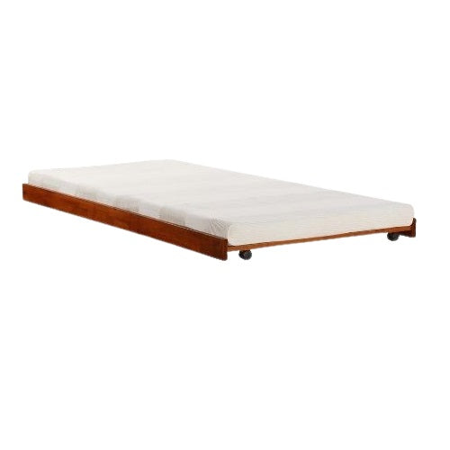 A wooden-framed mattress on wheels, providing convenience and ease of movement for various sleeping needs.