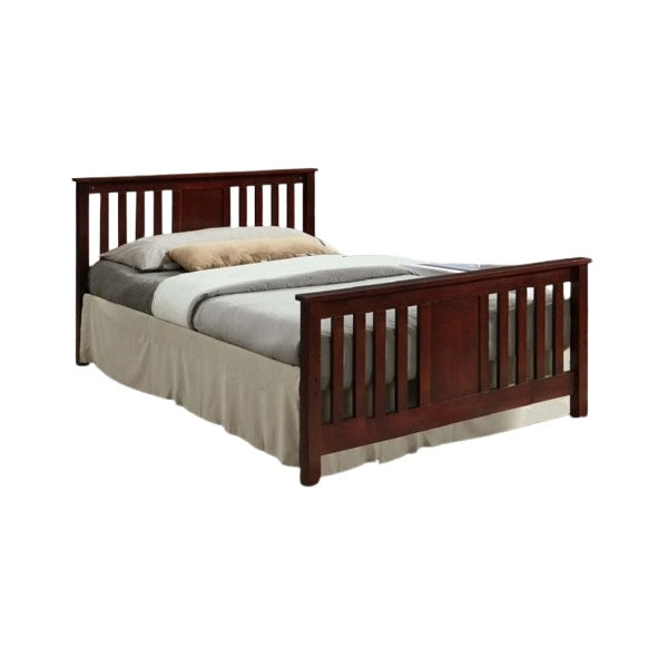A sturdy bed frame made of wood, complete with a classic headboard and footboard, enhancing bedroom aesthetics.