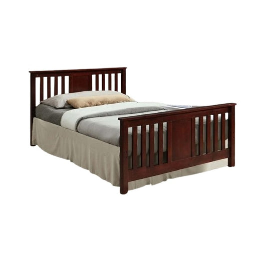 A sturdy bed frame made of wood, complete with a classic headboard and footboard, enhancing bedroom aesthetics.