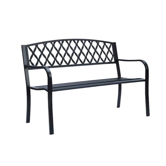 A sleek black metal bench adorned with a diamond pattern, showcasing modern design elements.