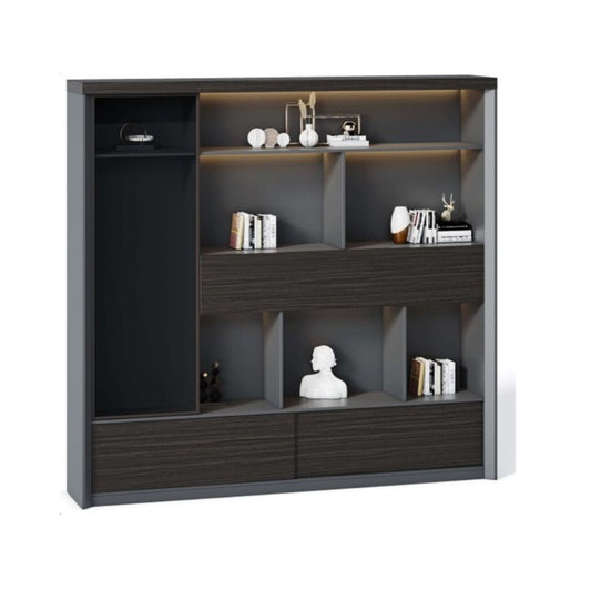 Modern black and grey bookcase with open shelves, perfect for organizing books and showcasing decorative items.