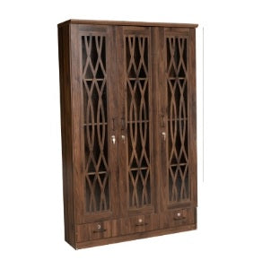 Elegant wooden cabinet with glass doors and drawers, perfect for displaying items while providing functional storage.