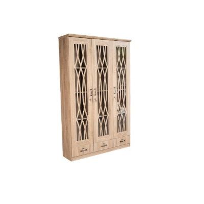 Elegant wooden cabinet with glass doors and drawers, perfect for displaying items while providing functional storage.