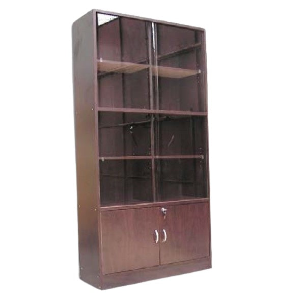 A wooden bookcase with glass doors and drawers, providing a refined storage solution for books and decorative objects.