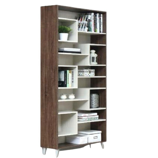 A wooden bookcase filled with neatly arranged books on its shelves, showcasing a variety of titles and colors.
