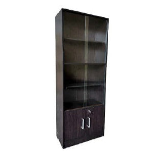 A wooden bookcase with glass doors and drawers, providing a refined storage solution for books and decorative objects.