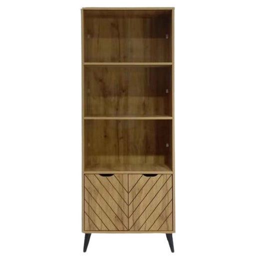 A wooden bookcase filled with neatly arranged books on its shelves, showcasing a variety of titles and colors.