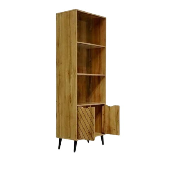 A wooden bookcase filled with neatly arranged books on its shelves, showcasing a variety of titles and colors.