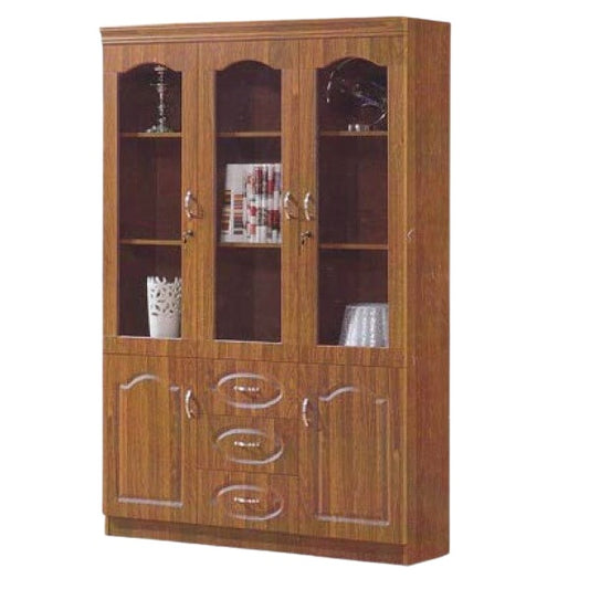 A wooden bookcase with glass doors and drawers, providing a refined storage solution for books and decorative objects.