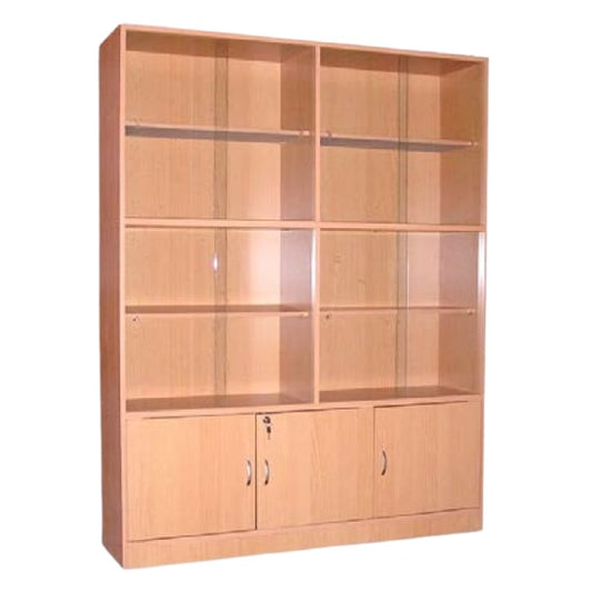 A wooden bookcase with glass doors and drawers, providing a refined storage solution for books and decorative objects.