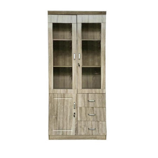 A wooden bookcase with glass doors and drawers, providing a refined storage solution for books and decorative objects.