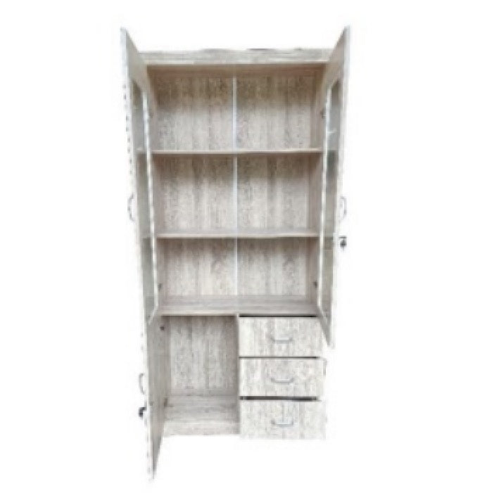 A wooden bookcase with glass doors and drawers, providing a refined storage solution for books and decorative objects.