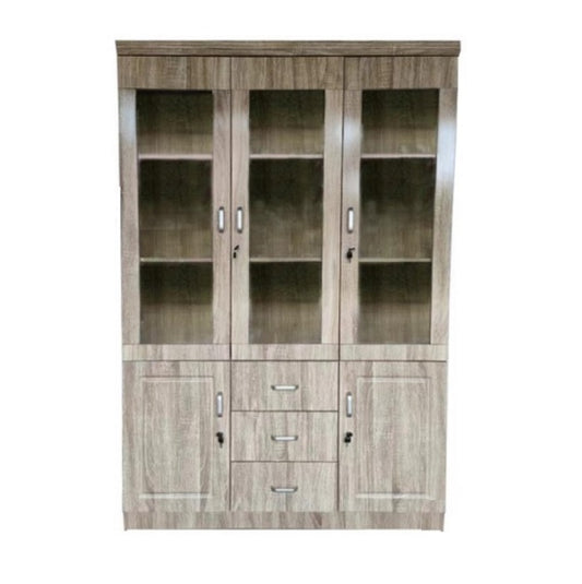 A wooden bookcase with glass doors and drawers, providing a refined storage solution for books and decorative objects.