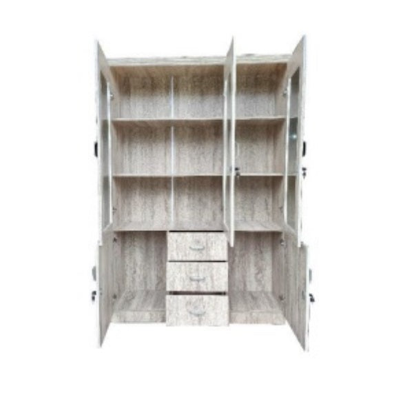 A wooden bookcase with glass doors and drawers, providing a refined storage solution for books and decorative objects.