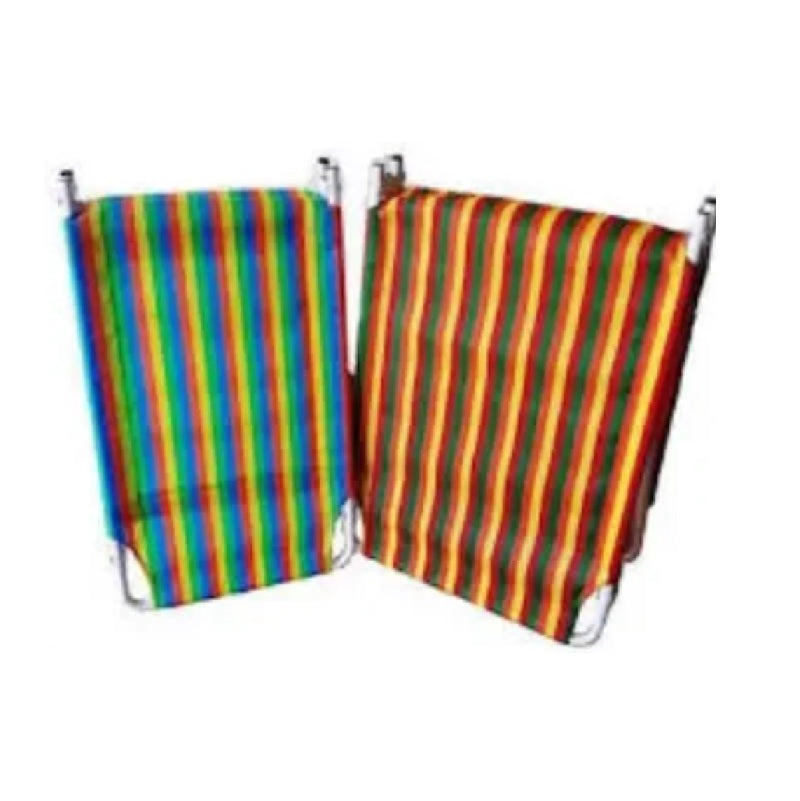 A folding bed featuring a vibrant, colorful striped cover, showcasing a blend of bright hues for a cheerful look.