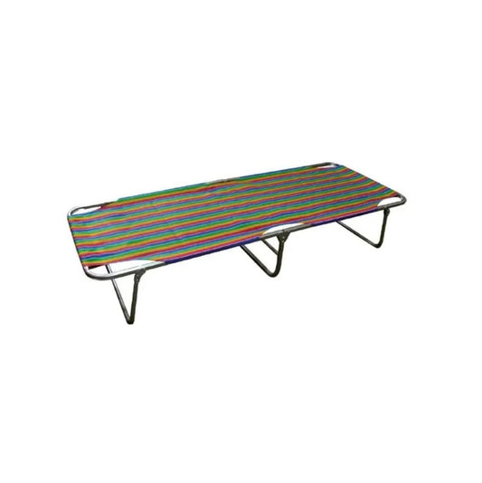 A folding bed featuring a vibrant, colorful striped cover, showcasing a blend of bright hues for a cheerful look.