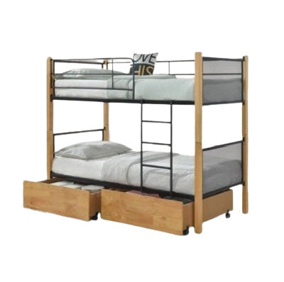 A modern bunk bed design with two built-in drawers and a ladder, providing functionality and space-saving solutions.