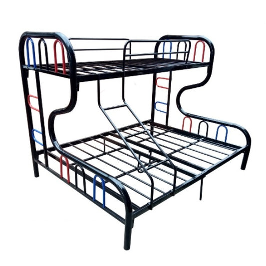 A modern black metal bunk bed showcasing two beds, perfect for optimizing sleeping arrangements in compact living areas.
