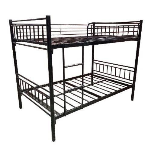 A modern black metal bunk bed showcasing two beds, perfect for optimizing sleeping arrangements in compact living areas.