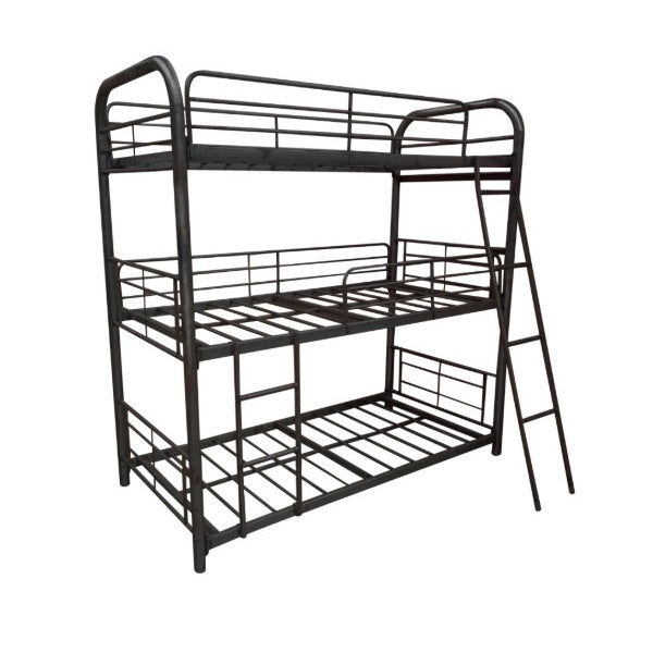 A modern black metal bunk bed showcasing two beds, perfect for optimizing sleeping arrangements in compact living areas.