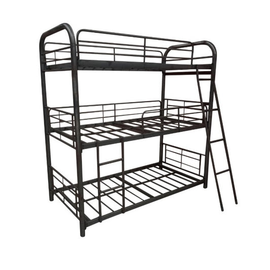 A modern black metal bunk bed showcasing two beds, perfect for optimizing sleeping arrangements in compact living areas.