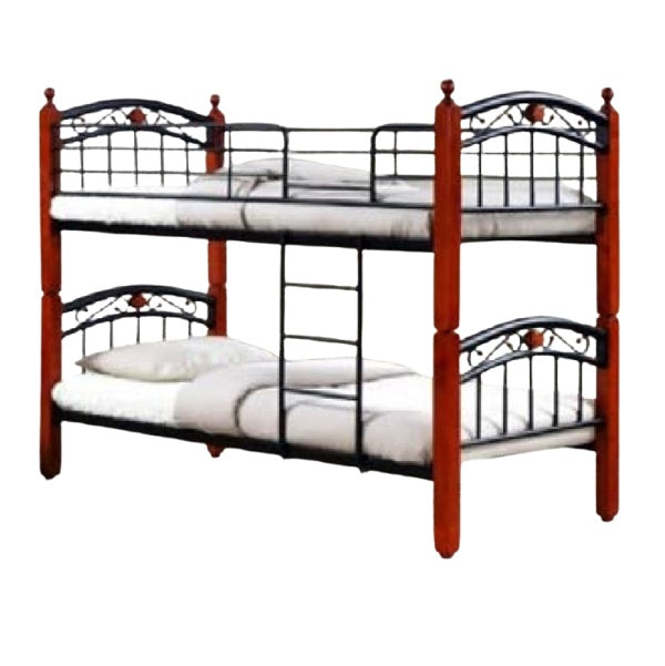 A sturdy bunk bed with a metal frame and wooden legs, ideal for maximizing space in children's or guest rooms.