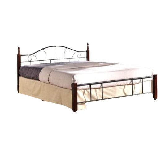A bed showcasing a sturdy wooden frame and a chic black metal headboard, ideal for enhancing bedroom elegance and comfort.