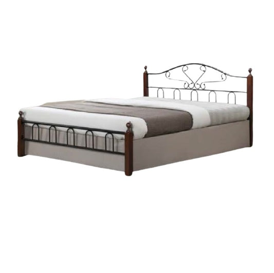 A bed showcasing a sturdy wooden frame and a chic black metal headboard, ideal for enhancing bedroom elegance and comfort.