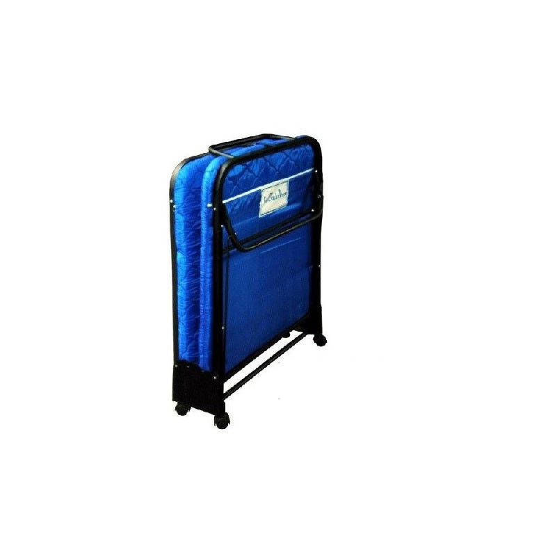A portable blue folding bed featuring wheels for effortless movement and space-saving design.
