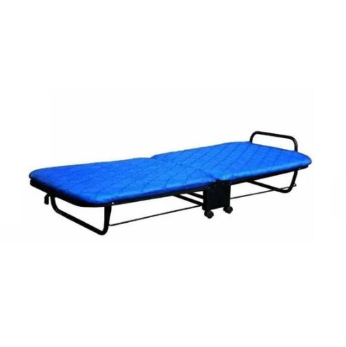 A portable blue folding bed featuring wheels for effortless movement and space-saving design.
