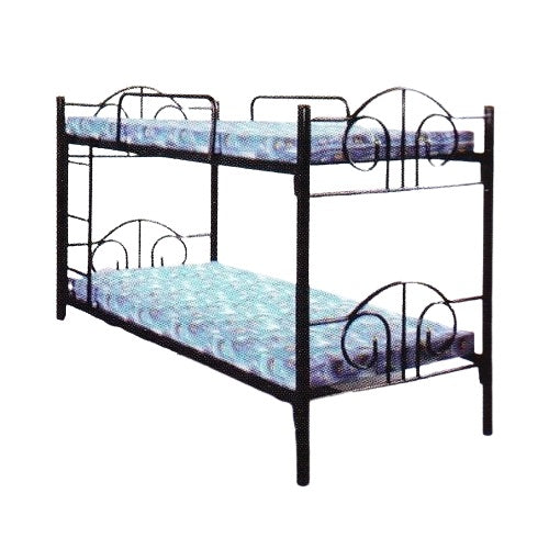 A modern black metal bunk bed showcasing two beds, perfect for optimizing sleeping arrangements in compact living areas.
