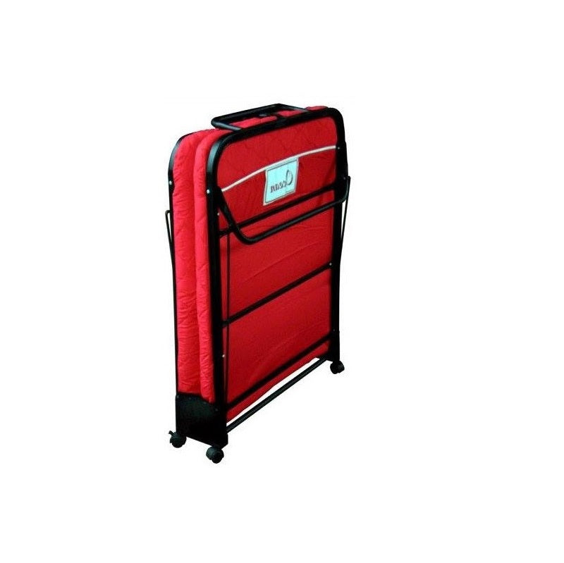 A portable red folding bed featuring wheels for effortless movement and space-saving design.