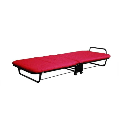 A portable red folding bed featuring wheels for effortless movement and space-saving design.