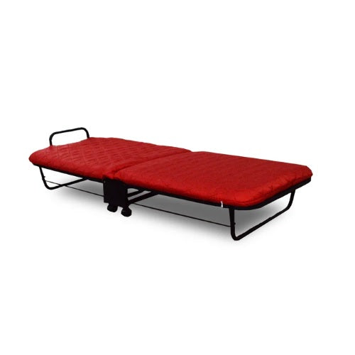 A portable red folding bed featuring wheels for effortless movement and space-saving design.