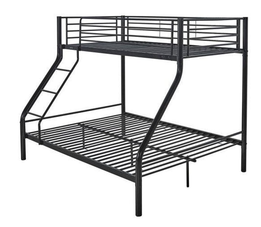 A sleek metal bunk bed, emphasizing easy assembly and contemporary design.