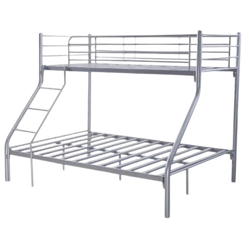 A sleek metal bunk bed, emphasizing easy assembly and contemporary design.