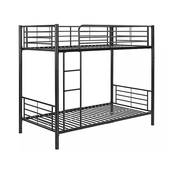 A sleek black metal bunk bed, emphasizing easy assembly and contemporary design.