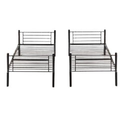 A sleek black metal bunk bed, emphasizing easy assembly and contemporary design.