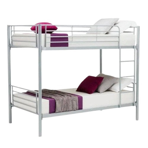 A sleek metal bunk bed, emphasizing easy assembly and contemporary design.