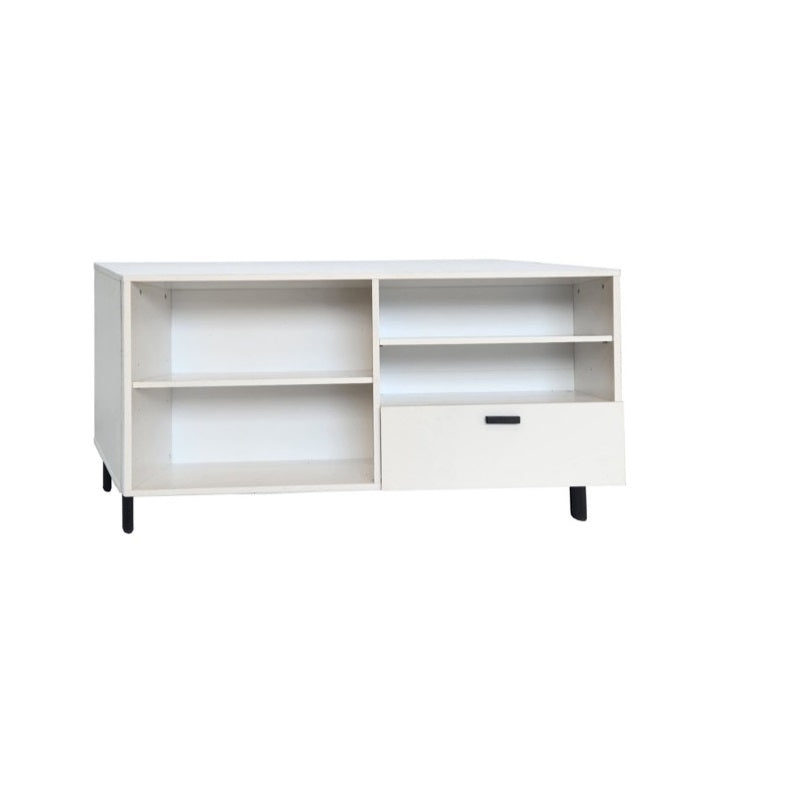 Stylish white entertainment unit equipped with two drawers, ideal for keeping your entertainment area tidy and organized.
