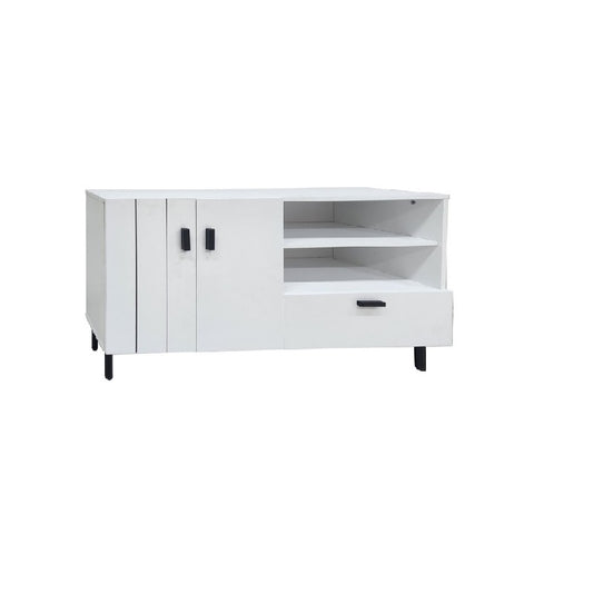 Stylish white entertainment unit equipped with two drawers, ideal for keeping your entertainment area tidy and organized.